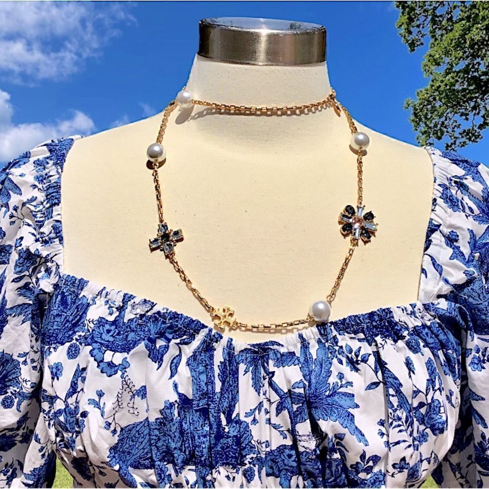 TORY BURCH STATEMENT PEARLS AND NATURAL SMOKY QUARTZ CRYSTALS NECKLACE